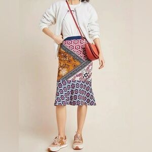 Anthropologie Taylor Flounced Patchwork Floral Knit Midi SkirtMedium